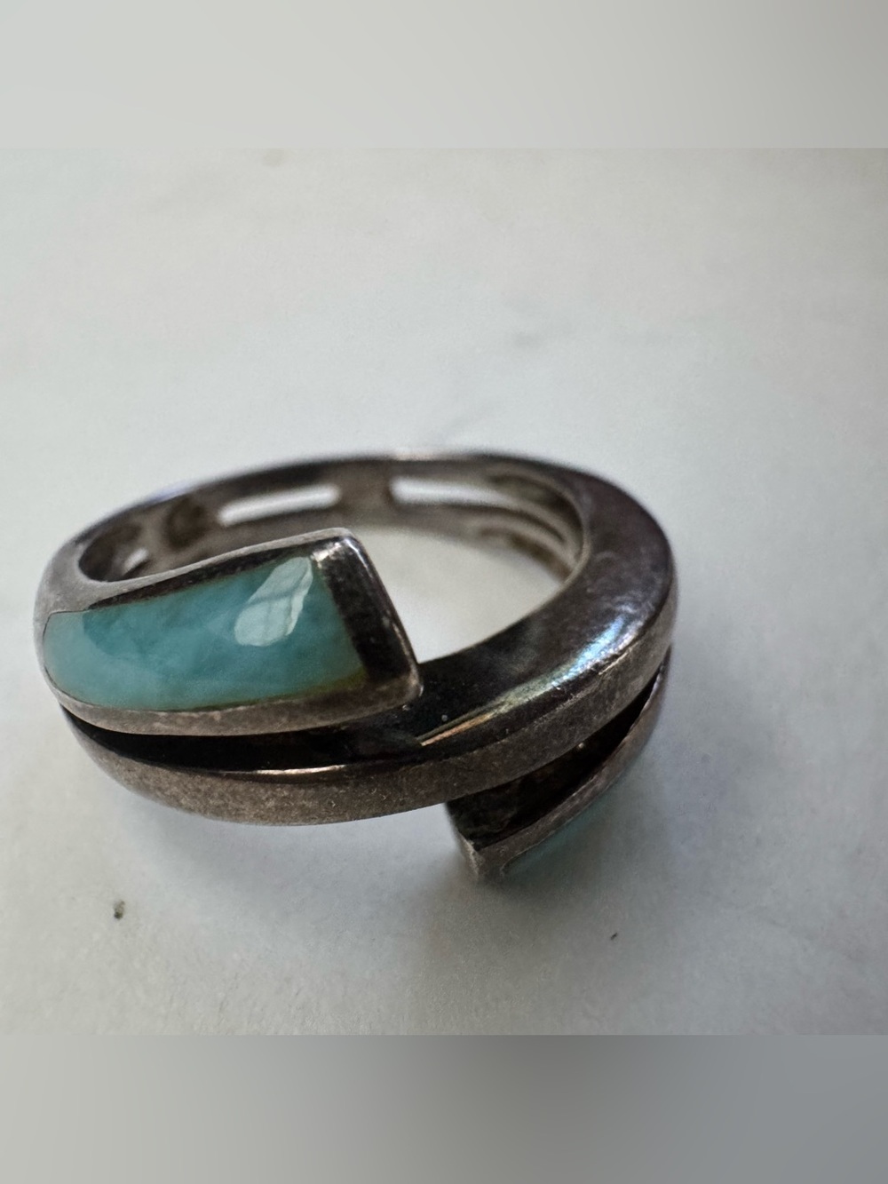 Vtg 925 Sterling Silver Larimar Bypass Wrap Ring Sz 7 Marahlago Flower Hallmark